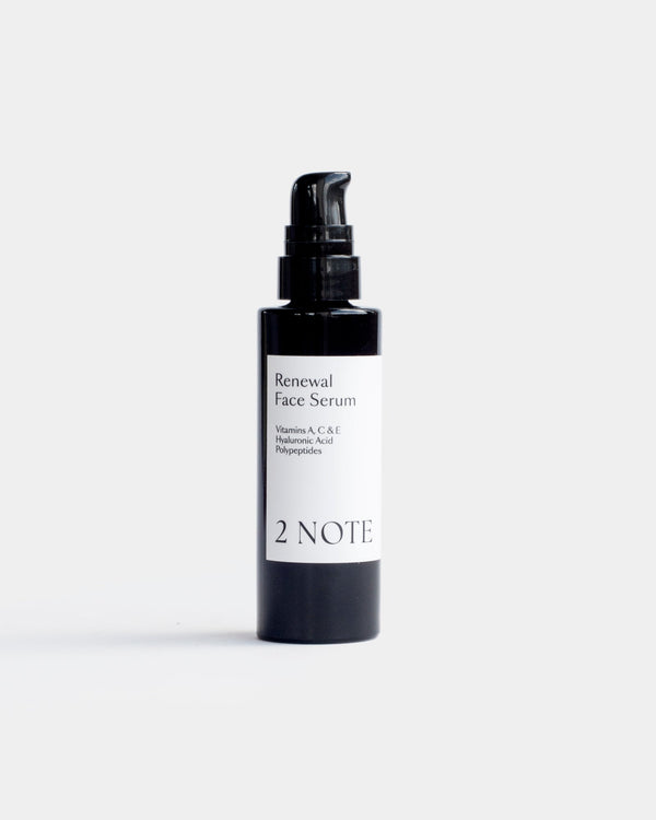 Renewal Face Serum in matte black pump bottle — botanical natural skincare serum with Vitamins A, C, and E, Hyaluronic Acid, and Polypeptides, front view on white