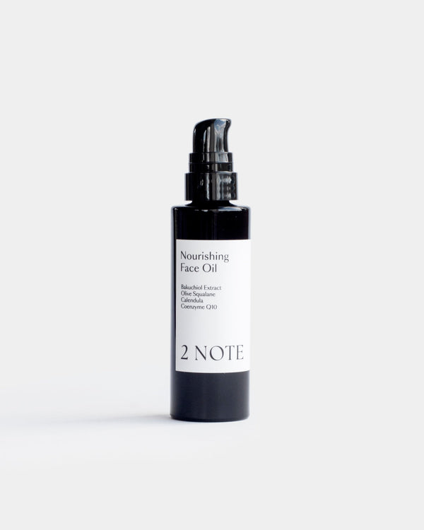 Nourishing Face Oil in matte black pump bottle — botanical natural skincare with Bakuchiol Extract, Olive Squalane, Calendula, and Coenzyme Q10, front view on white