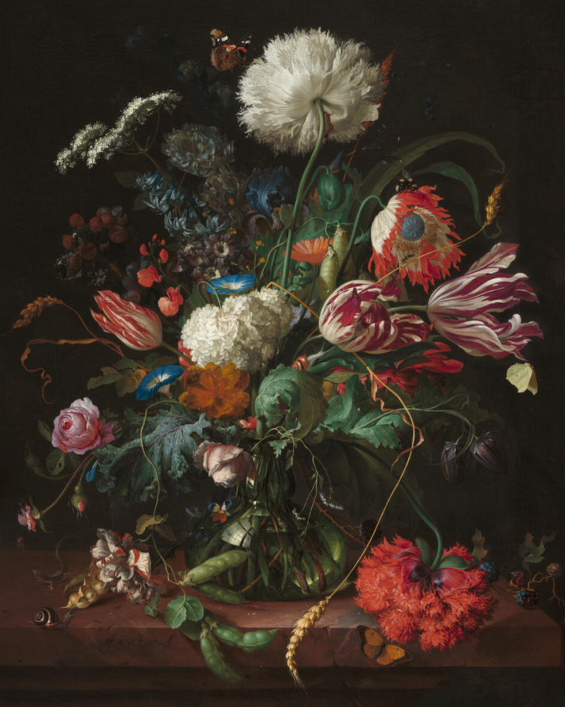 Jan Davidsz de Heem, Vase of Flowers, c. 1660, oil on canvas, National Gallery of Art, Washington — Dutch Golden Age floral still life with tulips, poppies, roses, carnations, and butterflies in glass vase on stone ledge